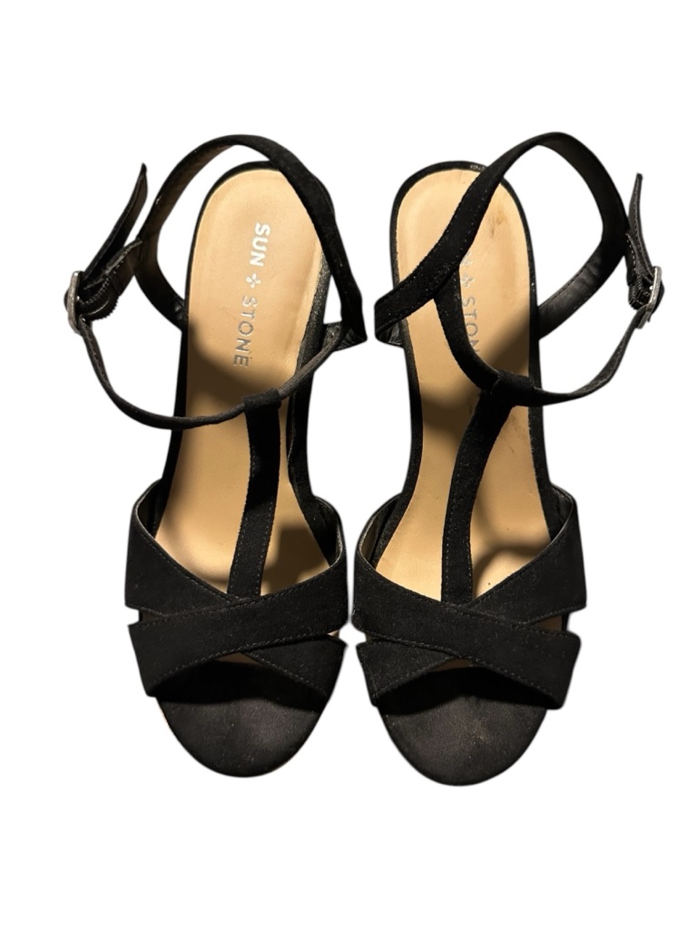 Sun + Stone Black T-Strap Crisscross Suede Platform Heels Size 7.5